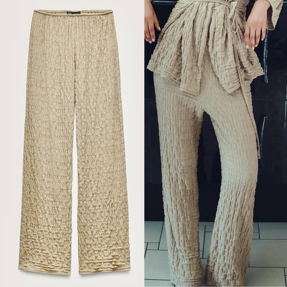 Zara Pants - Zara NWT pale olive textured elastic waistband summer pull on pants